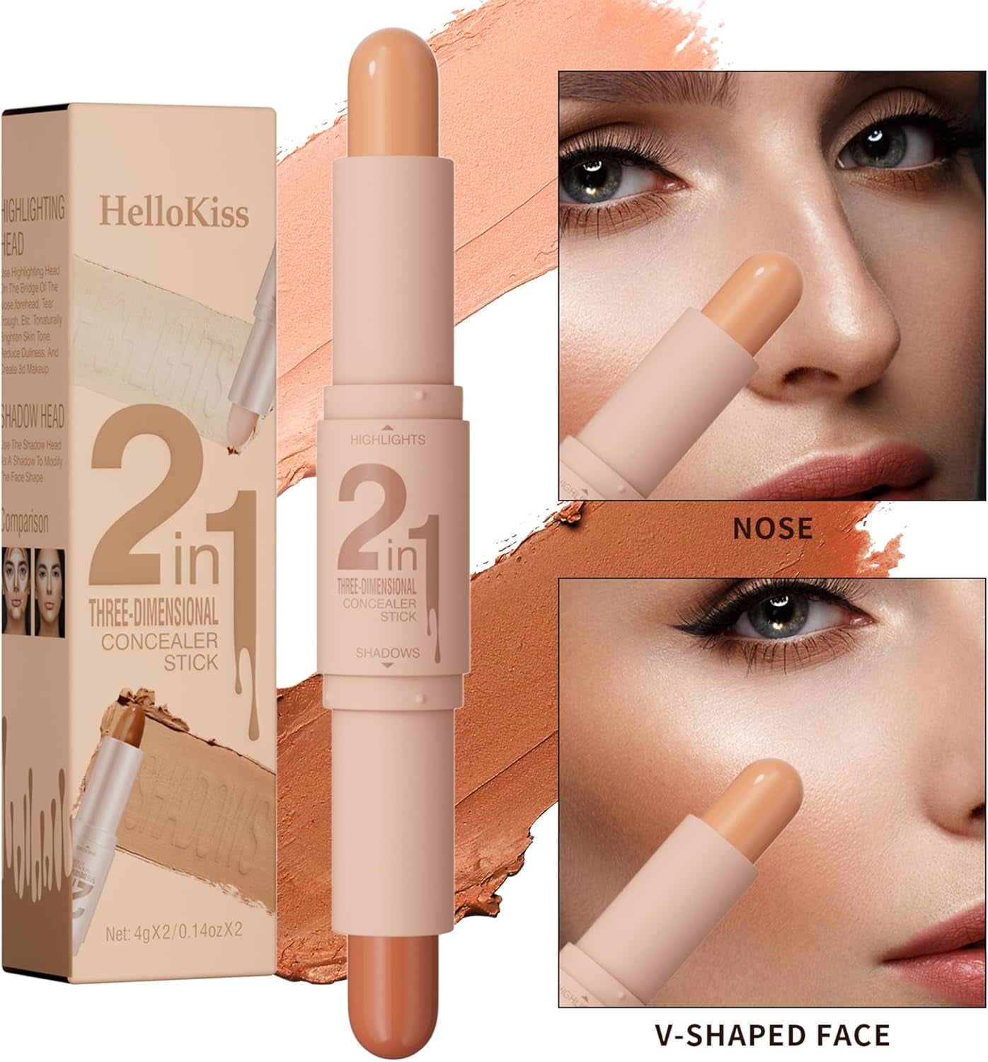 Double Head Highlighter Stick Stereoscopic Brightening Face Modifier Shadow 2In1 Pen (#04 Pearl White + Dark Brown, 4Ml)