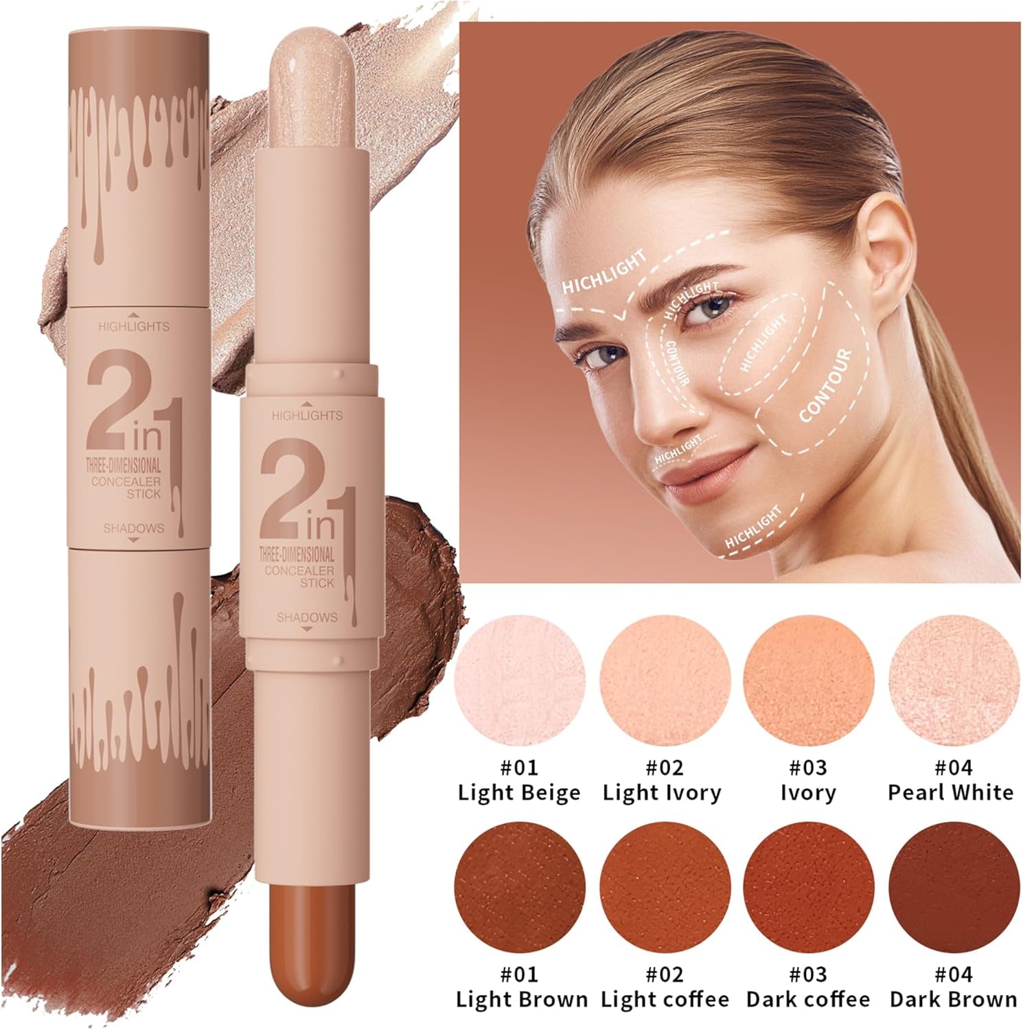 Double Head Highlighter Stick Stereoscopic Brightening Face Modifier Shadow 2In1 Pen (#04 Pearl White + Dark Brown, 4Ml)