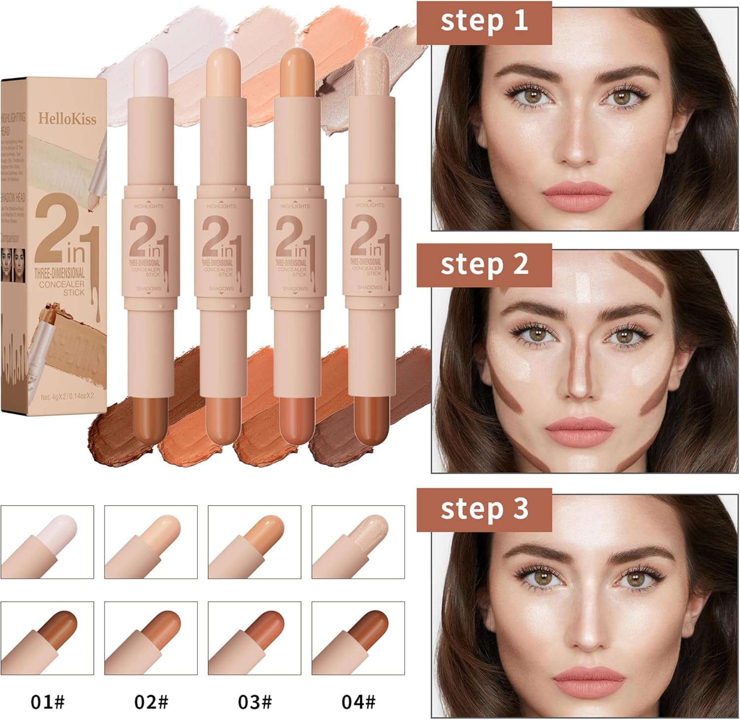 Double Head Highlighter Stick Stereoscopic Brightening Face Modifier Shadow 2In1 Pen (#04 Pearl White + Dark Brown, 4Ml)